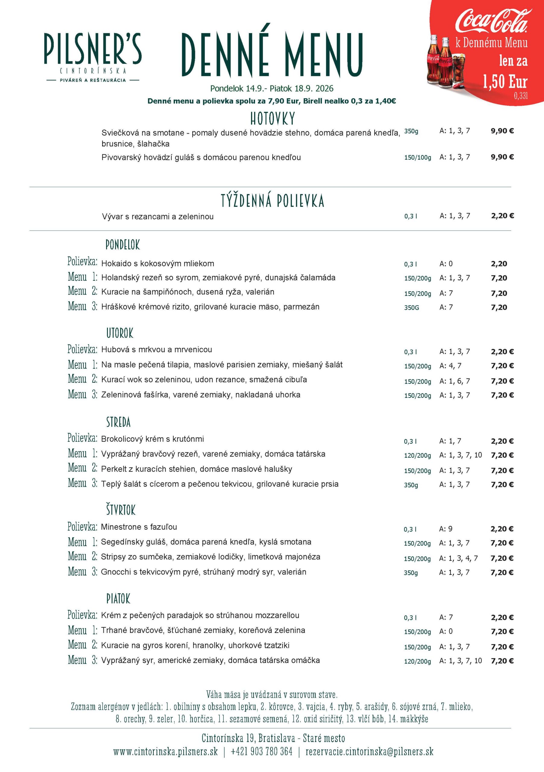 Denné obedové menu centrum Cintorinska Budvar restaurant near me